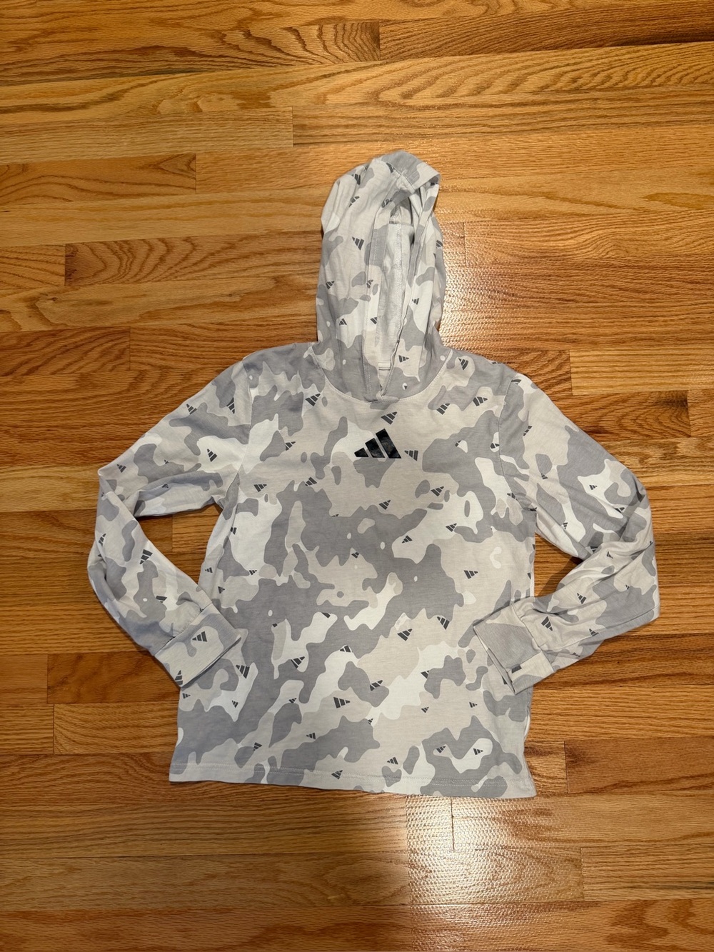 Adidas Boys Camo Logo Hooded Shirt Size M 10/12 Gray 100% Cotton